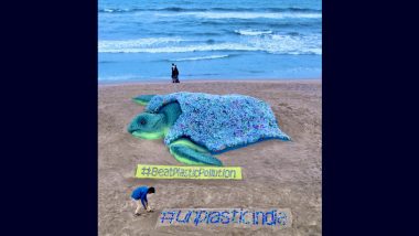 World Environment Day 2023 Sand Art: Sudarsan Pattnaik Makes Turtle Sculpture Using 2320 Plastic Bottles on Odisha’s Puri Beach (View Pic & Video)